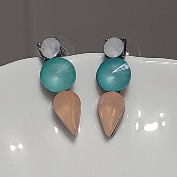Vintage J Crew Turquoise Orange Crystal Drop Bar Colourblock Geometic Earrings - Picture 4 of 16